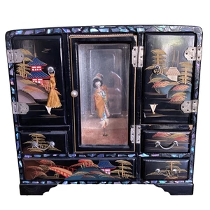 Jewelry Box VGT Japanese Black Lacquer Pagoda With Music Box And Geisha Girl - Picture 1 of 13