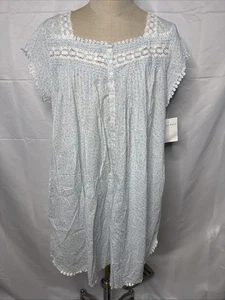 NWT Eileen West 1X Blue Floral Cotton Nightgown Lace Eyelet Cap Sleeve New - Picture 1 of 11