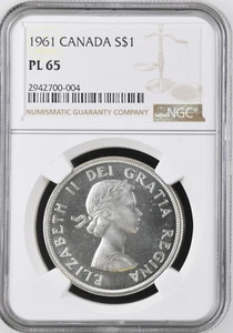 :1961 1$ DOLLAR ELIZABETH-II CANADA NGC PL65 RARE R5 (SEMI-CAMEO) HIGHEST-GRADES - Picture 1 of 2