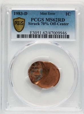 1983-D LINCOLN CENT PENNY 1c MINT ERROR STRUCK OFF CENTER PCGS MS62RD - Image 1 of 2