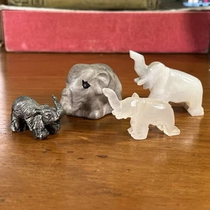 Vtg Elephant Miniature Figurine Lot Carved Stone Quartz Pewter Clay Trunk Up 4pc - Picture 1 of 15