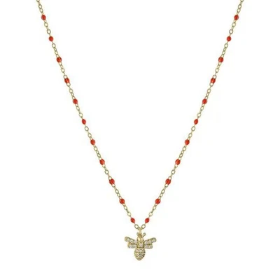 Colar de contas esmaltadas laranja esterlina folheado a ouro amarelo zircônia cúbica abelha - Imagem 1 de 2