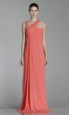 Monique Lhuillier Dress Bridesmaid One-Shoulder Ruched Coral Chiffon Long Sz 10 - Image 1 of 4