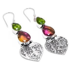 Bi-Color Tourmaline, Peridot Gemstone 925 Silver Jewelry Earring 2.56 " R-4464 - Picture 1 of 1