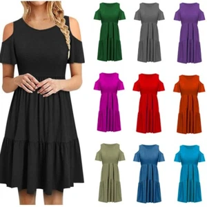 Women Ladies Casual Fashion Short Sleeve Cut Cold Off Shoulder Ruffle Dress - Picture 1 of 18