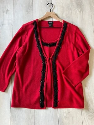Cárdigan Suéter R.Q.T Rojo Negro Borde de Encaje Joya Cuentas Talla XL Foto 1 de 4
