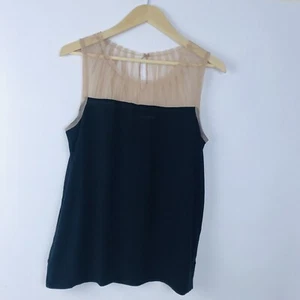 Hi-Line Women's Sleeveless Black Beige Ruffle Top Large - Picture 1 of 6