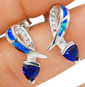 Ohrringe 2 kt behandelter blauer Saphir & Opal 925 massiv echt Sterlingsilber OE9 - Bild 1 von 1