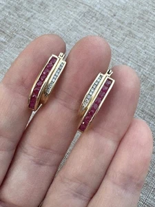 FTH 10k Yellow Gold Hoop Earrings red gemstones &diamonds 5.1g Estate READ AS IS - Picture 1 of 10