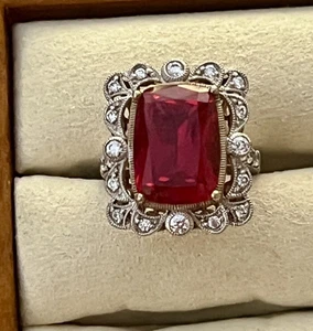 Epiphanie 925 Sterling roter Rubin & Diamant Heiligenschein Cocktail Ring Größe 5 - Bild 1 von 13