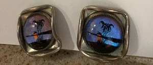 Vintage Earrings Beach Scene Sunset & Palms Iridescent Acrylic Screw On Square - Picture 1 of 5