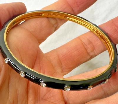 J Crew bracelet Bangle Black Crystals Enamel Gold Tone Signed Thin - Image 1 of 4