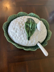 Vintage Neto & Gomes Portugal Majolika Blumenkohlterrine mit Schöpfkelle Blattboden - Bild 1 von 10