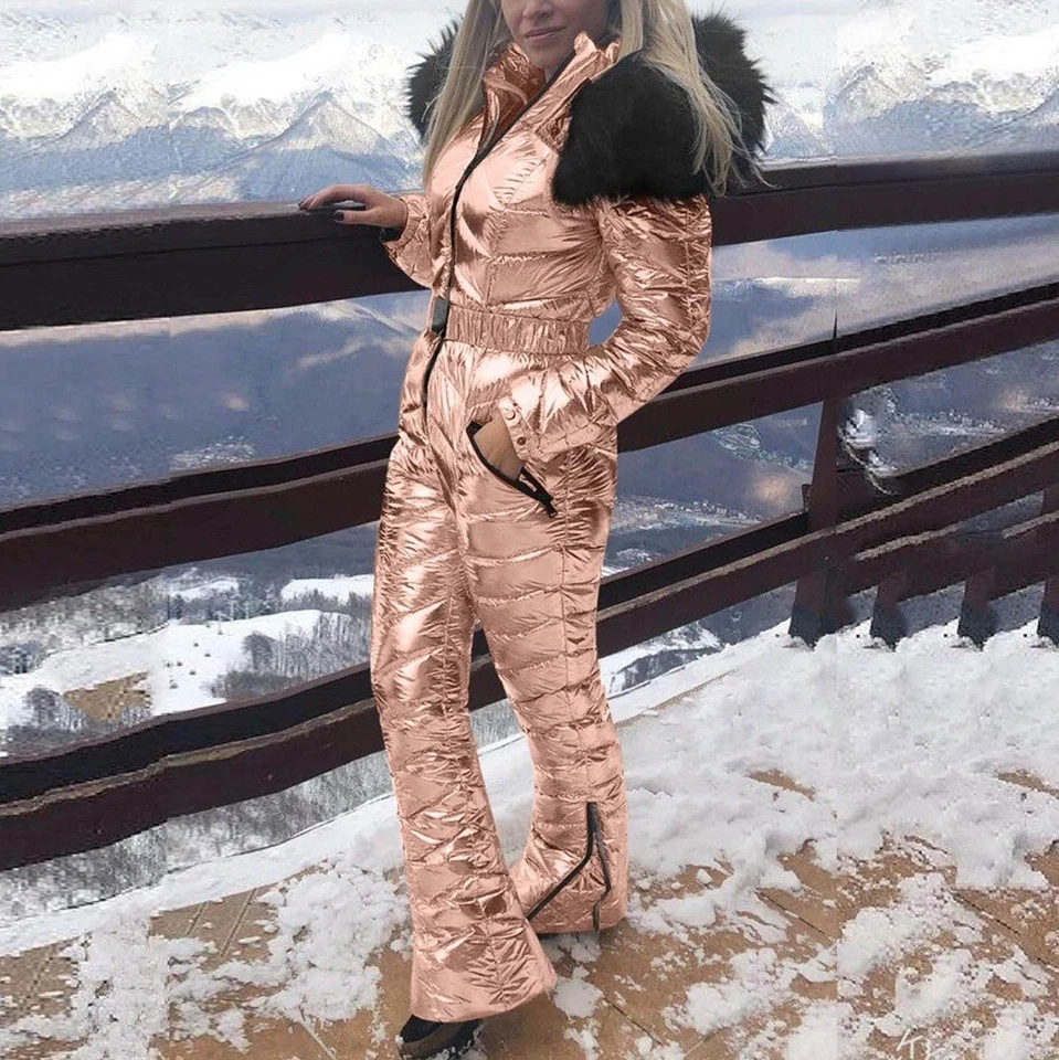 Traje de nieve impermeable rosa para mujer con capucha de piel talla grande Foto 1 de 4