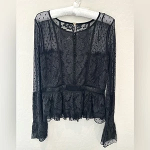 FREE PEOPLE | Black Lace Sheer Layering Peplum Long Sleeve Blouse | Small - Picture 1 of 7