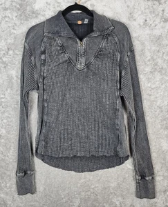 Free People FP Ashton Small Washed Charcoal 1/4 Zip Thermal Waffle Knit Shirt - Picture 1 of 10
