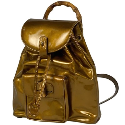 GUCCI Patent Leather Bamboo Backpack Gold Authentic Used From Japan - Image 1 of 4