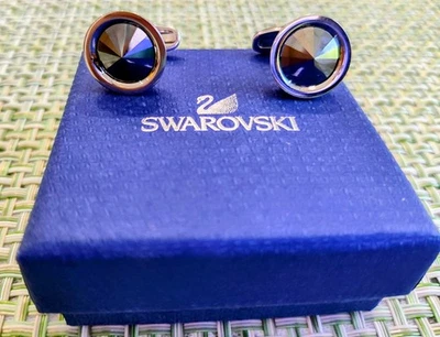 Swarovski Black Crystal Steel Round Cufflinks with Original Gift Box - Image 1 of 3