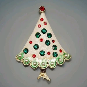 Vintage weiße Christbaum Brosche goldfarben emailliert grün rot Strass Anstecknadel lesen - Bild 1 von 6