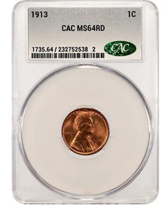 1913 1C Lincoln Cent, CACG MS64RD, Full Red Gem, Sharp Strike, schöne Münze. - Bild 1 von 2