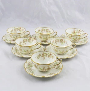 6 Haviland & Co Limoges Schleiger 235 B Double Gold Cups & Saucers Pink & Green - Picture 1 of 5