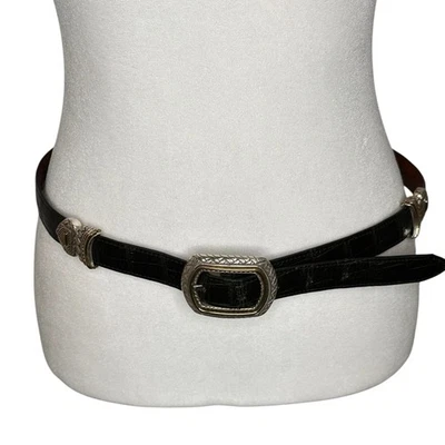 Western Vintage Black and brown Leather Belt with Silver and gold Buckle. 3x1 - Image 1 of 4