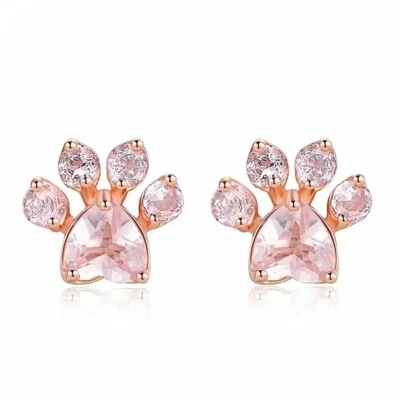 Paw Print Rose Gold With Pink Stones Cubic Zirconia Stud Earrings - Image 1 of 2