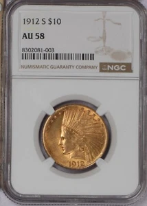 1912-S Gold Indian $10 NGC AU58. Scarcer San Francisco Mint! - Picture 1 of 2