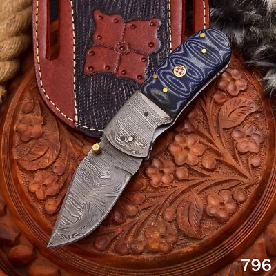 Navaja de Bolsillo de Acero Damasco Hecha a Mano Personalizada Hoja Plegable/Caza/Camping Foto 1 de 4