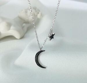 Black Moon Star Pave CZ Silver White/Rose Gold S.Steel Pendant Chain Necklace