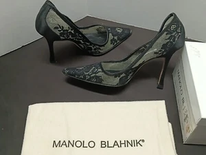 MANOLO BLAHNIK Black Lace Stiletto Pumps Satin Trimmed Rear 4" Heels  - Picture 1 of 12