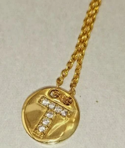 Gorjana Gold Plated & Crystal Coin Necklace - Letter T - Picture 1 of 6