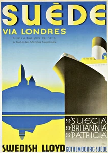 Shipping Poster - Swedish Lloyd Line - 1930 - Art Deco Reprint A4 Wall Art - Foto 1 di 1