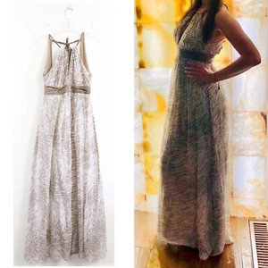 BCBG Max Azria silk maxi dress chiffon halterneck tan silver gray print 8 6 M - Picture 1 of 9