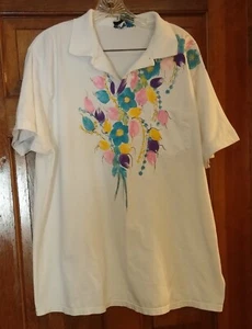 Marilene's Hand Painted Apparel Womens Size XL CottonBlend White Floral Polo Top - Picture 1 of 5