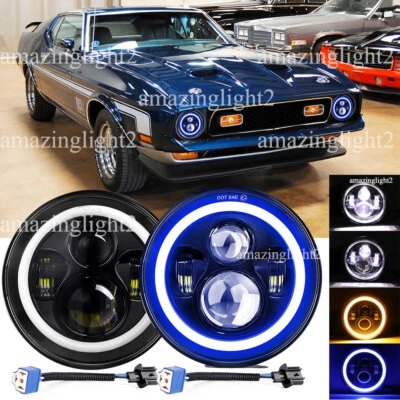 Pair Blue Halo 7" LED Headlights Fit Ford Mustang mach1 1965 1966 1967 1968-1978 - Image 1 of 4