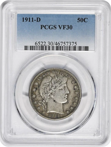 1911-D Barber Half Dollar VF30 PCGS Cover