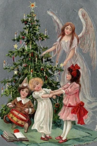 1908 Guardian Angel Children Open Presents Christmas Tree Morning Tucks Postcard - Picture 1 of 3