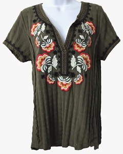 Anthropologie Akemi Kin Dandelion Top M Embroidered Beaded Olive Green Boho - Picture 1 of 10