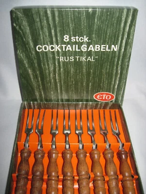 8 Cocktailgabeln "Rustikal" ETO 408 - in Originalverpackung - 70er Jahre Vintage - Bild 1 von 4