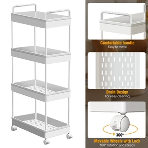 Kitchen Storage Trolley Slim Cart Rack Tray Shelf Rolling Wheel Holder - 4 Tier - Picture 1 of 11