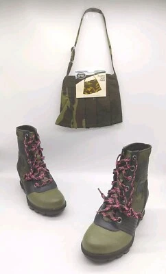 Sorel Lexie 坡跟迷彩冬季雪地系带靴青年女孩尺寸 3 奖金钱包  — 第 1/4 张图片