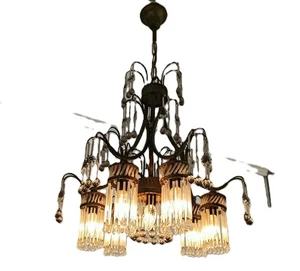 Vintage Spanish Revival Kronleuchter 7 Lichter Messing Glas Prismen Perlen  - Bild 1 von 13