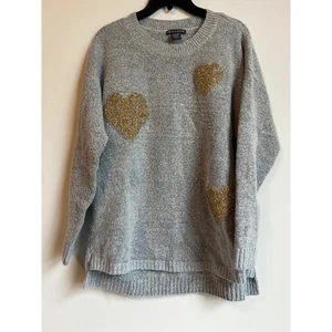 Chelsea & Theodore Womens Gray Glitter Heart Long Sleeve Crew Neck Sweater Sz L - Picture 1 of 6
