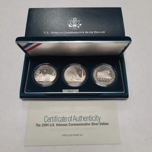 1994-P Proof Silver U.S. Veterans Commemorative 3 Coin Set Box, OGP & COA - Picture 1 of 4
