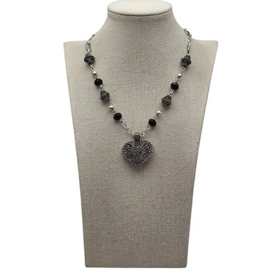 Marcasite Style Filigree Heart Pendant Necklace Boho Gothic - Image 1 of 4