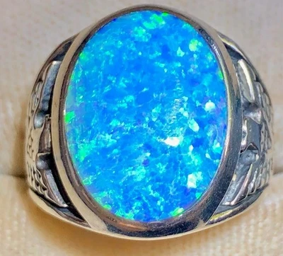 Anillo Big Signet Cab Ópalo Azul Para Hombre 9 S Esterlina VER VIDEO Águila Nativa Americana Foto 1 de 4
