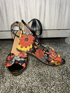 Platform Wedge Peep Toe Peacock Multicolored Dopamine Ankle Strap - Size 9 - Picture 1 of 6