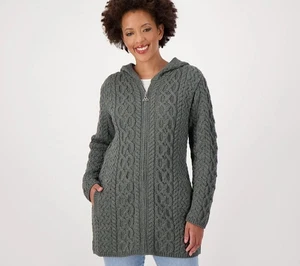 Aran Crafts Merino Wool Zip Front Long Sweater Cardigan Moss Green M New - Picture 1 of 1