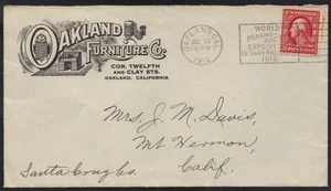 US 1912 OAKLAND CA PANAMA PACIFIC EXPO CANCEL ON ADVERTISING COVER TO SANTA CRUZ - Picture 1 of 2